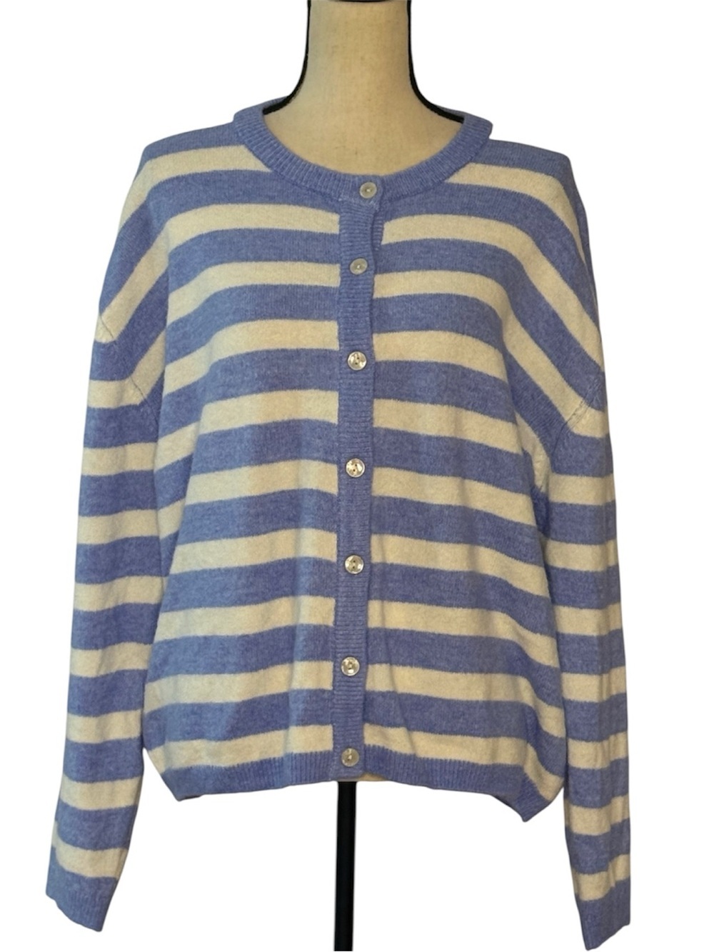 Joy Lab XL Blue White Striped Cardigan Sweater Soft Knit Button Front Coastal